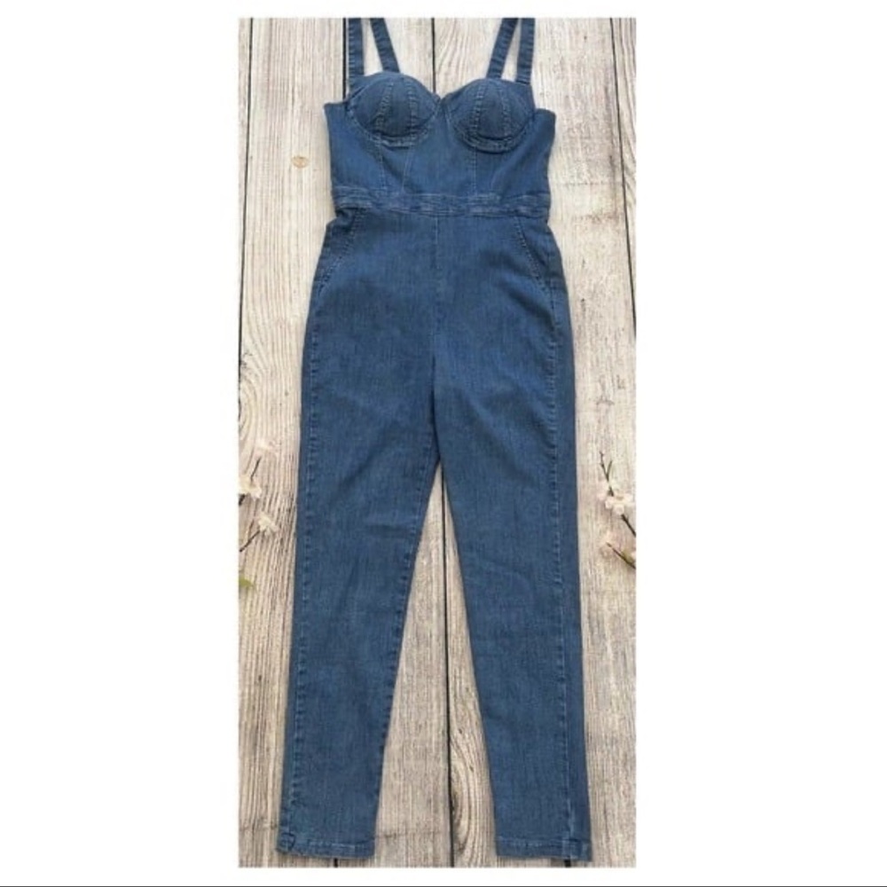 E1-- NWT blue DENIM BLVD sleeveless women's stretch denim jean jumpsuit LARGE